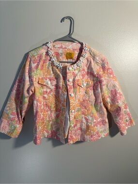 Ruby Rd. Floral Beaded Neckline Jacket - Pink, Orange, Green